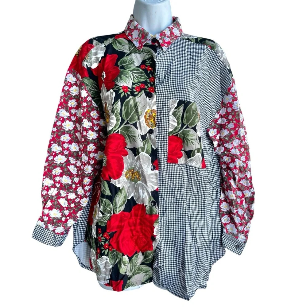 Vintage DEBORAH BARRY Floral Patchwork Button-Up Shirt Women's Size M Multicolor